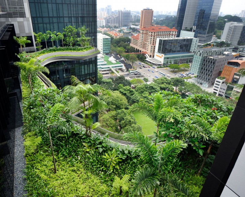 Enchanting Park Royal Sky Garden Hotel With Green Garden Designed In Floating Style With Tropical Plants Near Skyscrapper Buildings With Glass Exterior Wall