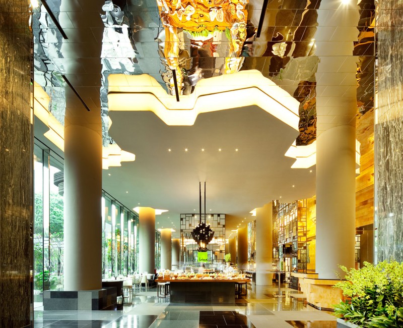 Inspiring Park Royal Sky Garden Hotel With Grey Interior Columns Also LED Lamps On Artistic Ceiling Design Also Wood Design For Dining Table Of Hotel Bar