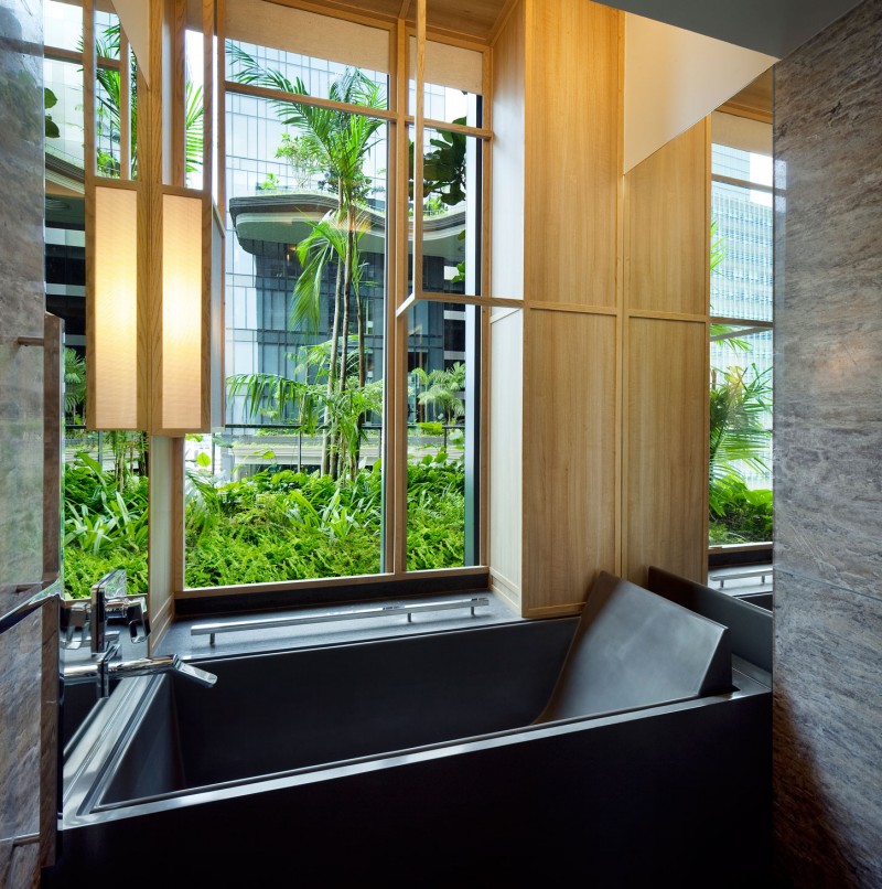 Gorgeous Park Royal Sky Garden Hotel With Granite Veneer For Bath Up And Bathroom Wall Installation Also Aluminum Faucet Near Glass Window In Wood Frame