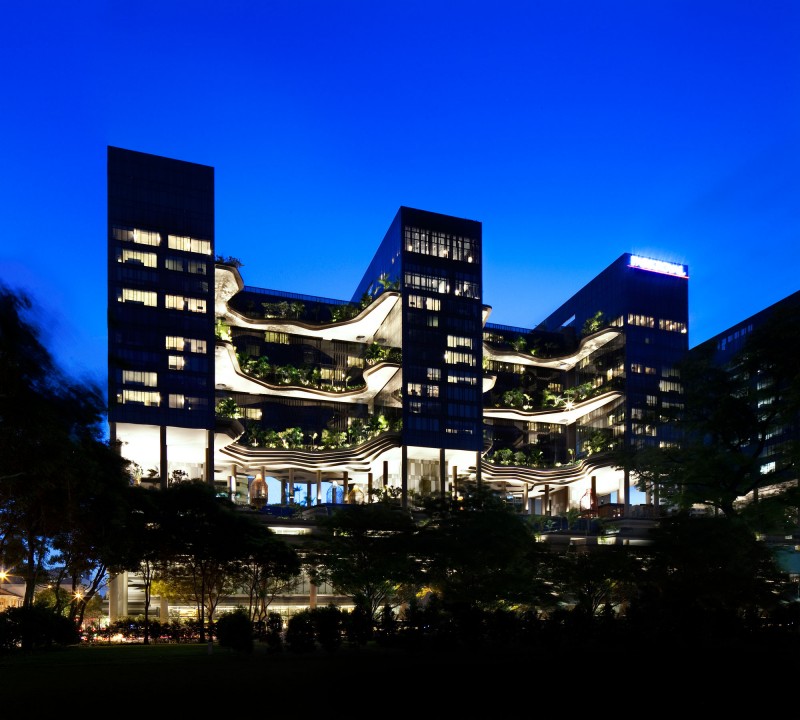 Astonishing Park Royal Sky Garden Hotel With Floating Exterior Garden Between Three Huge Buildings And Spakrling Exterior Lamp Installation