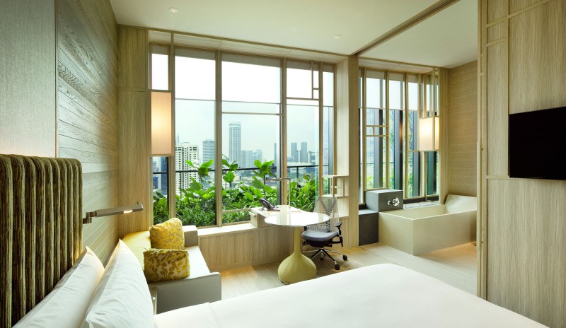 Bewitching Park Royal Sky Garden Hotel With Minimalist Design For Bedroom Also Wod Headboard And Suede Bed Cover Also Glass Panel Uncovered With Curtain